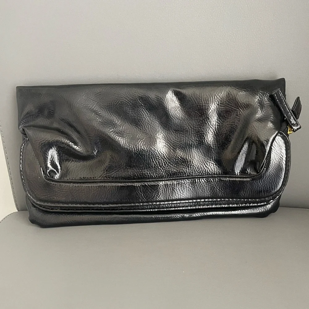 Black Foldover Clutch Purse Oversized Envelope Style Magnetic Snap Zipper